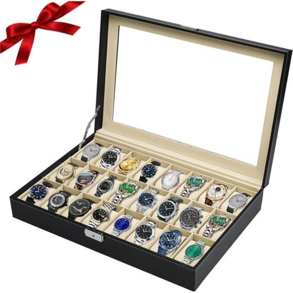 24 Slots Watch Display Case Glass Top Men PU Leather Display Storage Collection